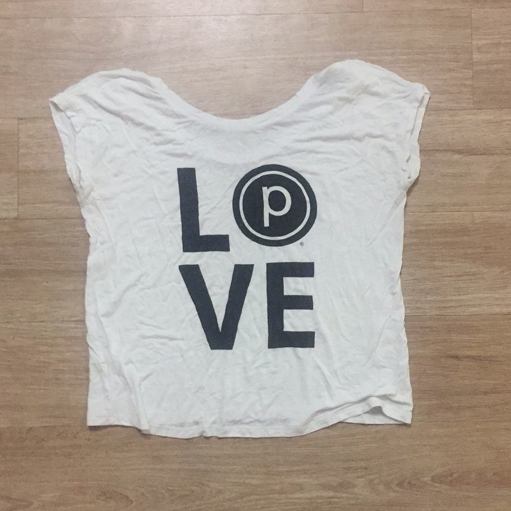 White circle P love pure barre scoop neck